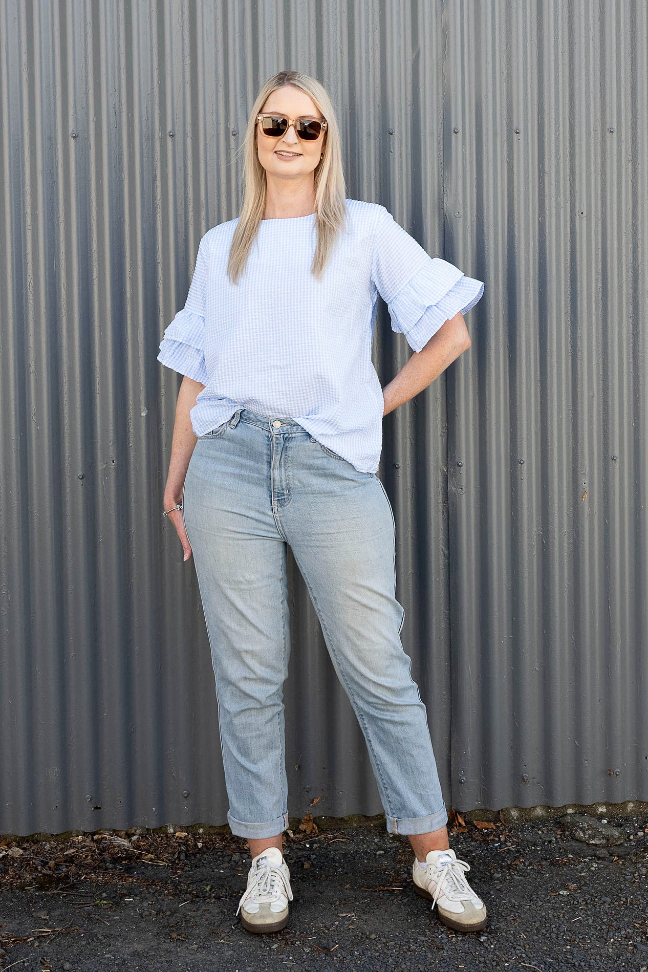 Light Blue - Plaid Valerie Ruffle Sleeve Top