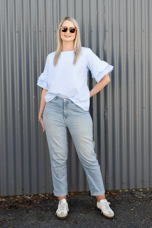 Light Blue - Plaid Valerie Ruffle Sleeve Top