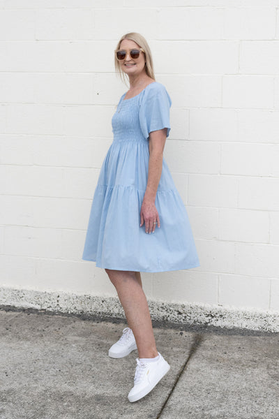 Plain Shirred Bust Louisa Dress - Sky Blue