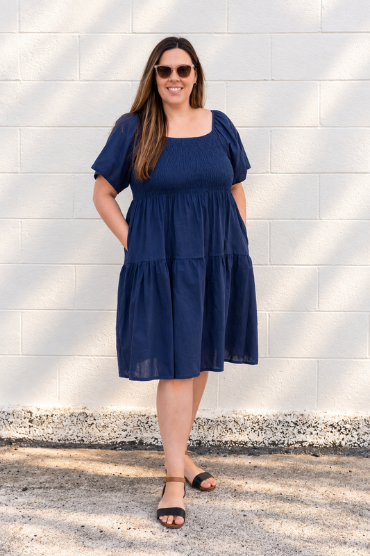 Plain Shirred Bust Louisa Dress - Navy