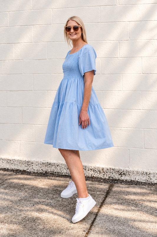 Plain Shirred Bust Louisa Dress - Sky Blue
