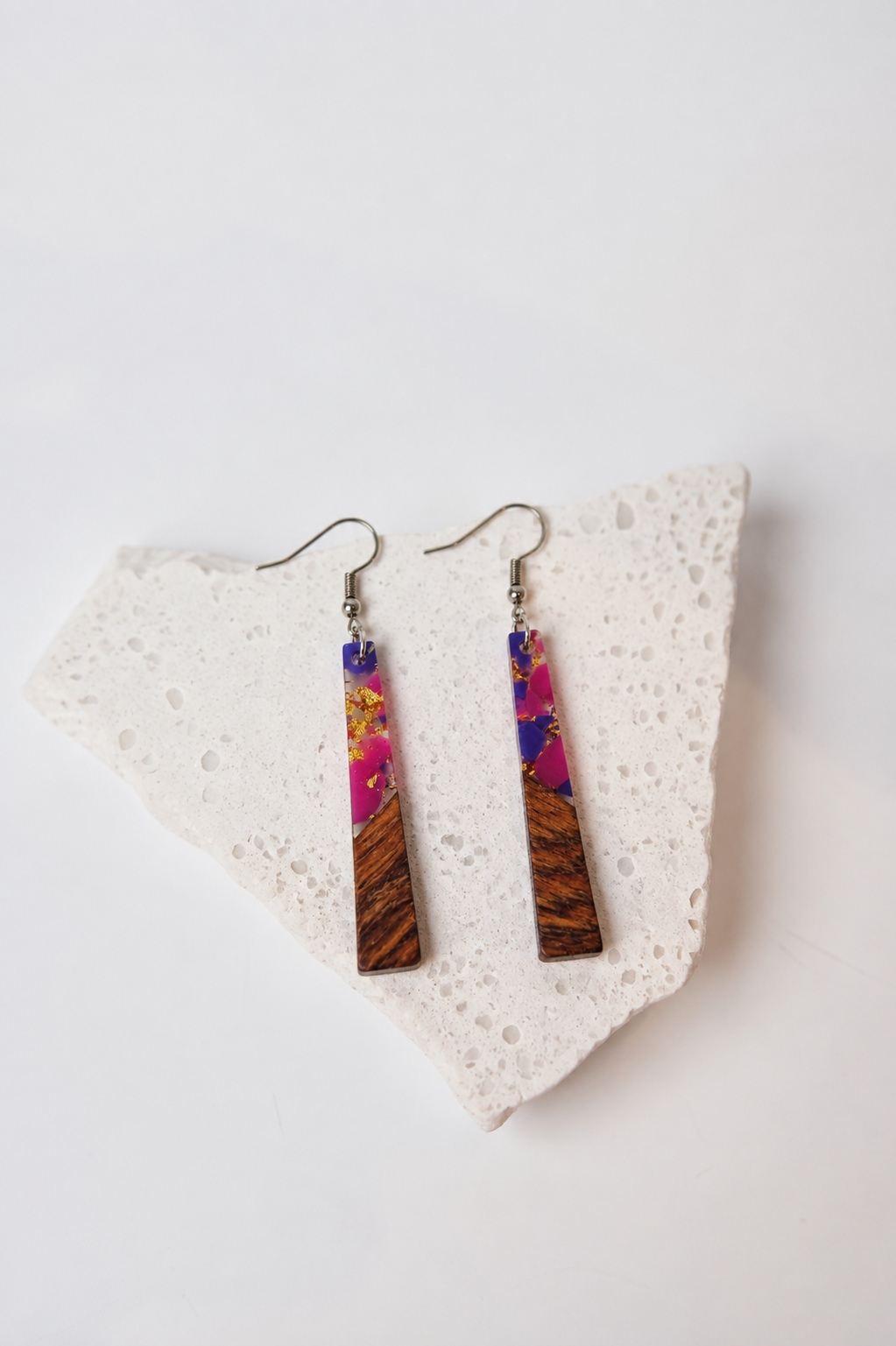 Purple/pink Gold Flake - Rectangular Wood & Resin Earrings