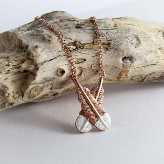 Rose Gold - Crossed Huia Feather Necklace