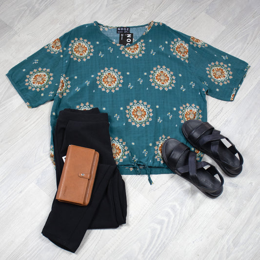 Short Sleeve Verity Tie Top - Teal Mandala