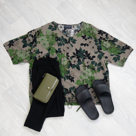 Short Sleeve Verity Tie Top- Green Rose Garden