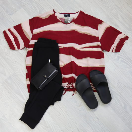 Short Sleeve Verity Tie Top- Red Abstract Wavy