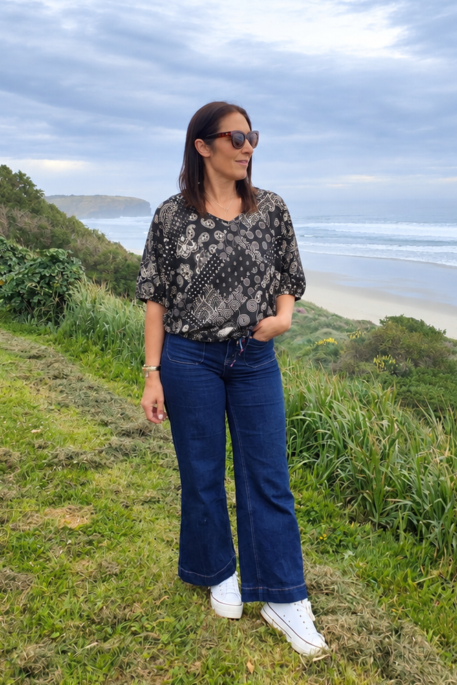Short Sleeve Verity Tie Top - Black Paisley