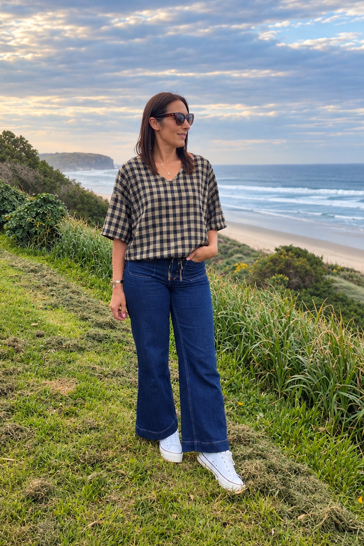 Short Sleeve Verity Tie Top -  Black/Sand Plaid