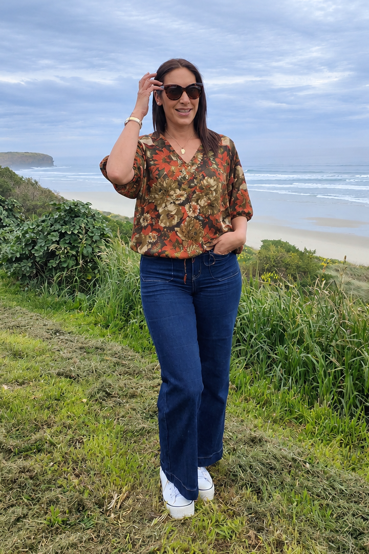 Short Sleeve Verity Tie Top - Burnt Orange Floral