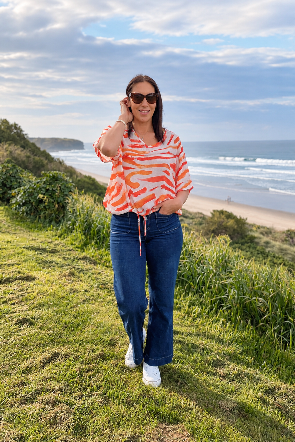 Short Sleeve Verity Tie Top - Fiery Brushstrokes