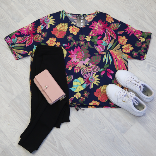 Short Sleeve Verity Tie Top - Navy Holiday Dreams