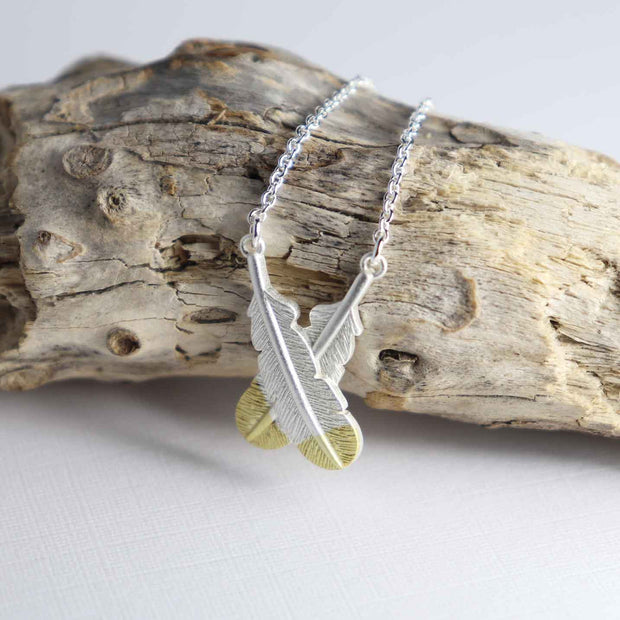 Silver - Crossed Huia Feather Necklace
