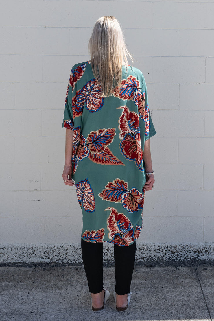 Teal & Rust Leaf - Long Patterned Kimono