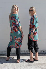 Teal & Rust Leaf - Long Patterned Kimono