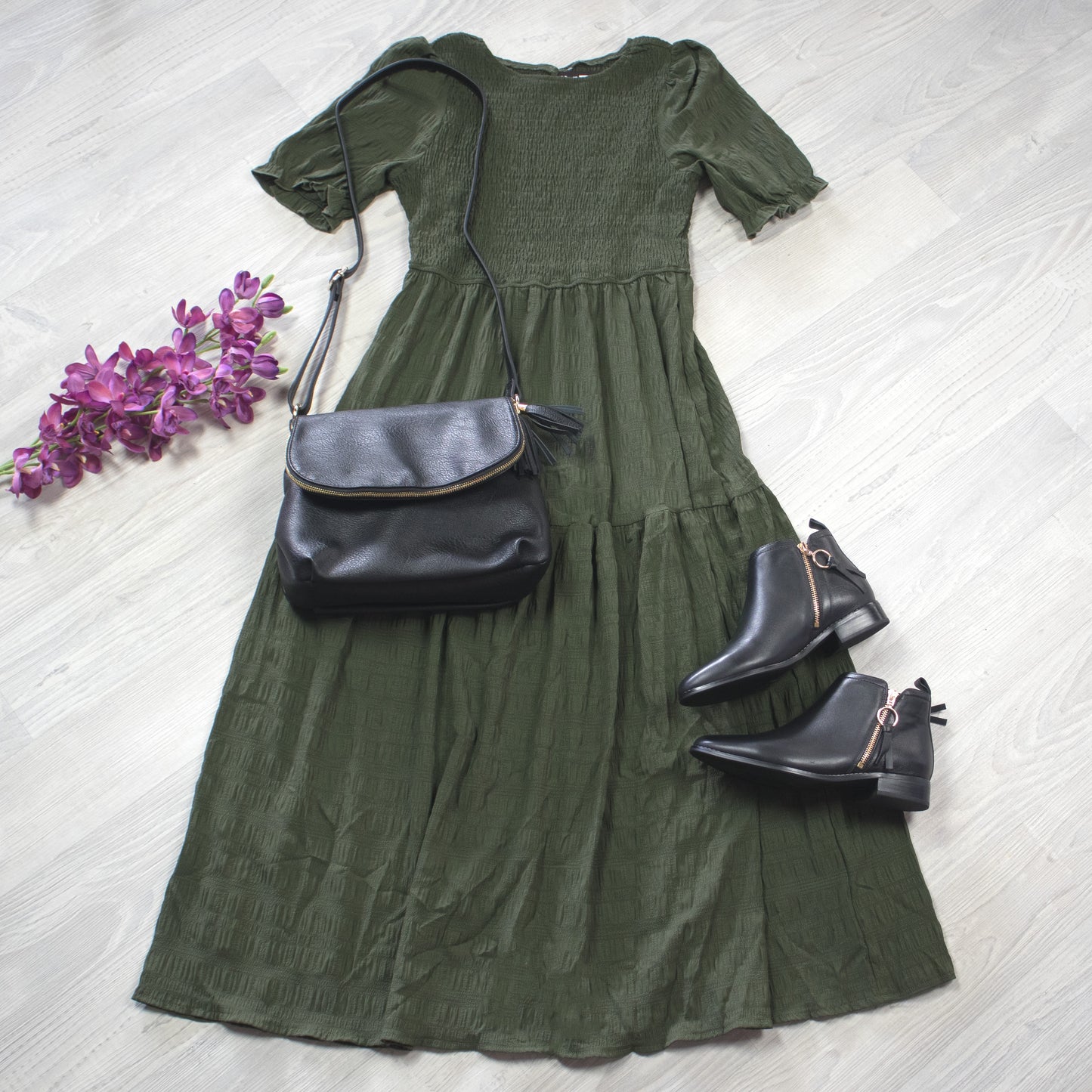 PRE-ORDER** Khaki - Textured Short Sleeve Shirred Josephine Dress