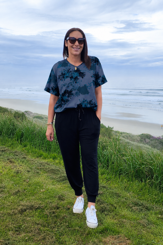 Short Sleeve Verity Tie Top- Denim Floral