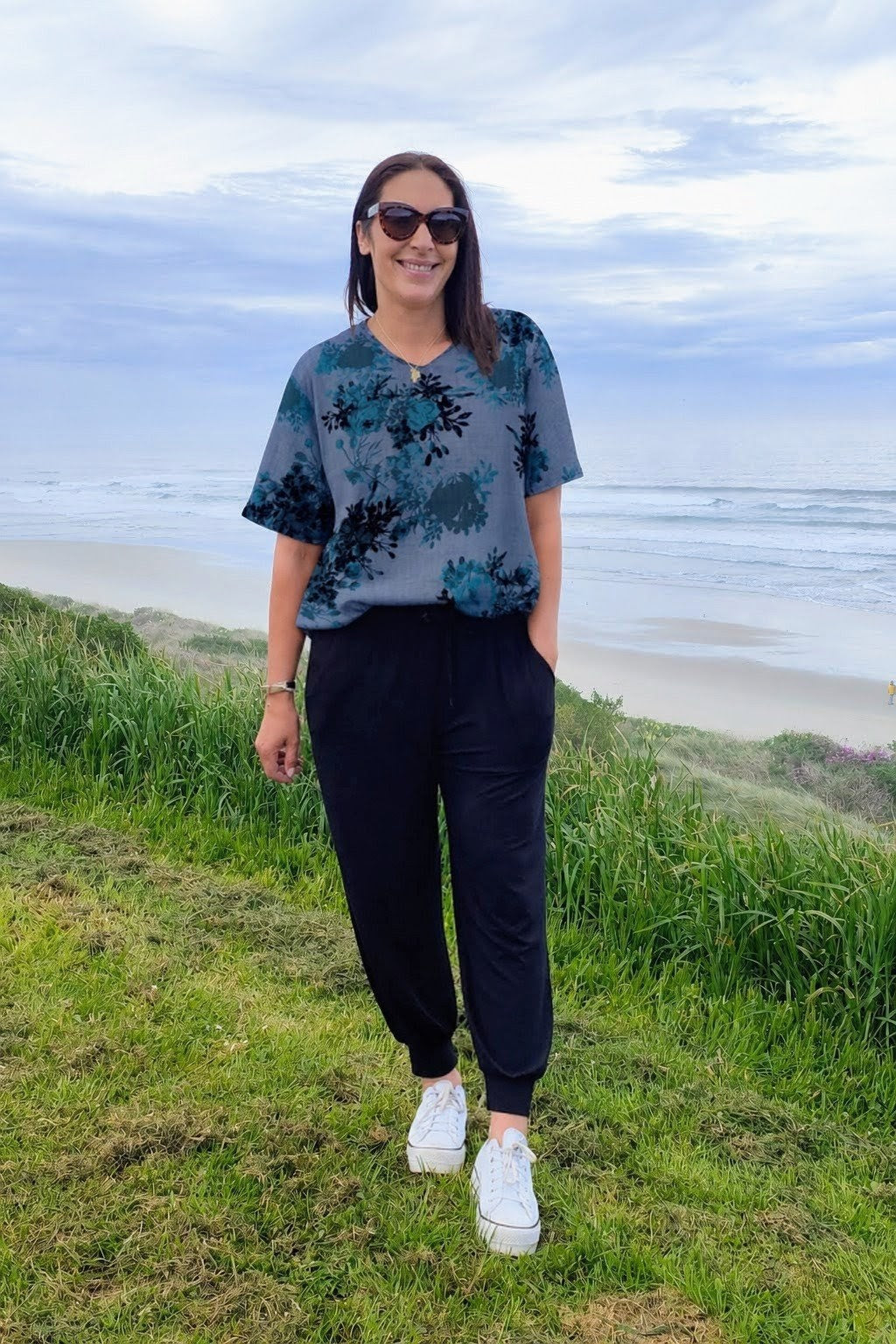 Short Sleeve Verity Tie Top- Denim Floral