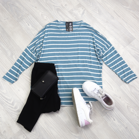 Wide Stripe Batwing Molly Top - Eggshell Blue