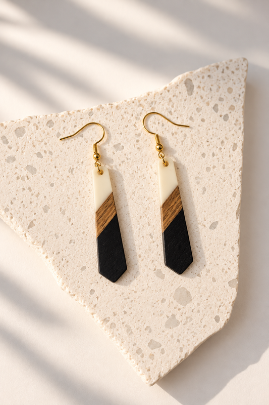 Wood & Resin Aurora Drop Earrings - Black & White