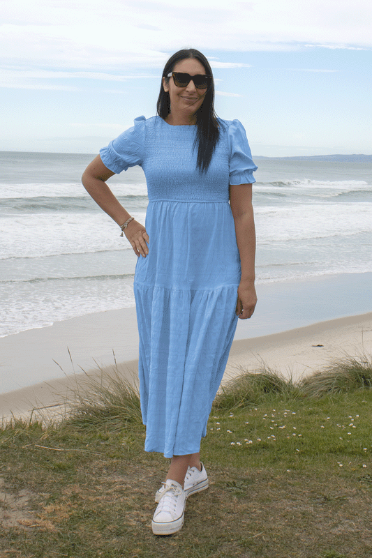 Sky Blue - Textured Short Sleeve Shirred Josephine Dress