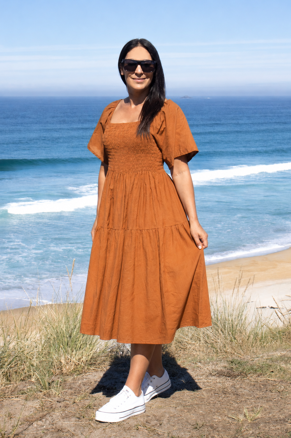 Plain Shirred Bust Louisa Dress - Caramel