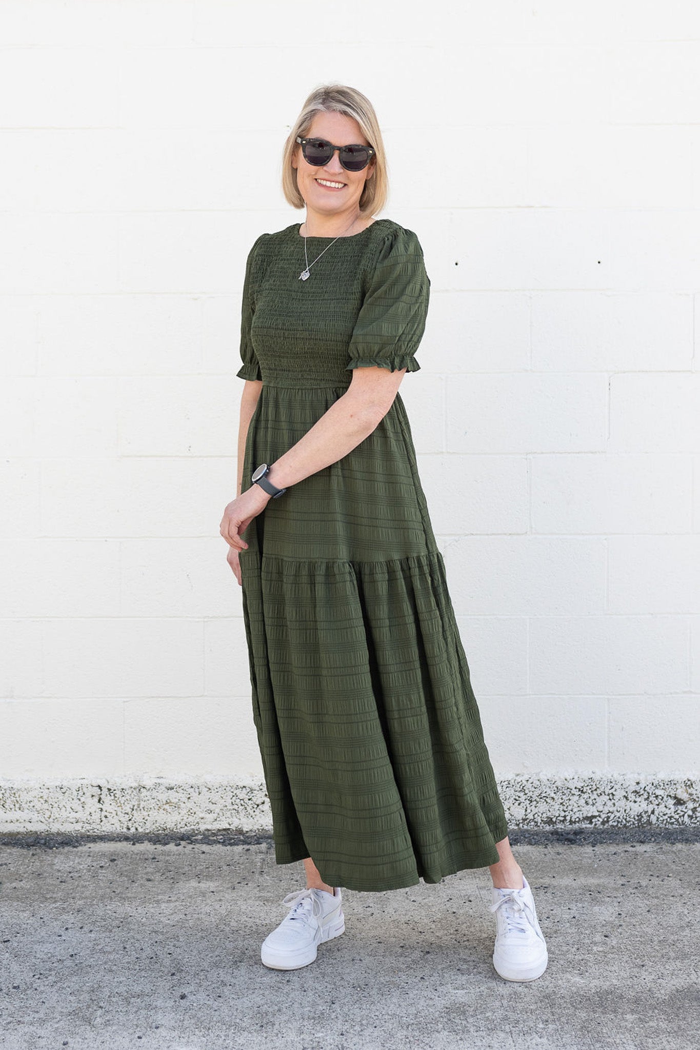 PRE-ORDER** Khaki - Textured Short Sleeve Shirred Josephine Dress