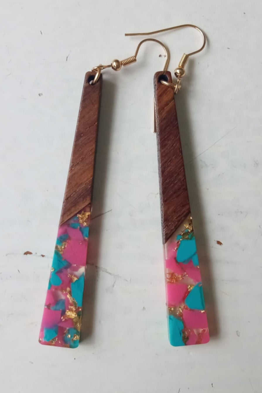 Bright Pink/Aqua Glam Wood & Resin Earrings