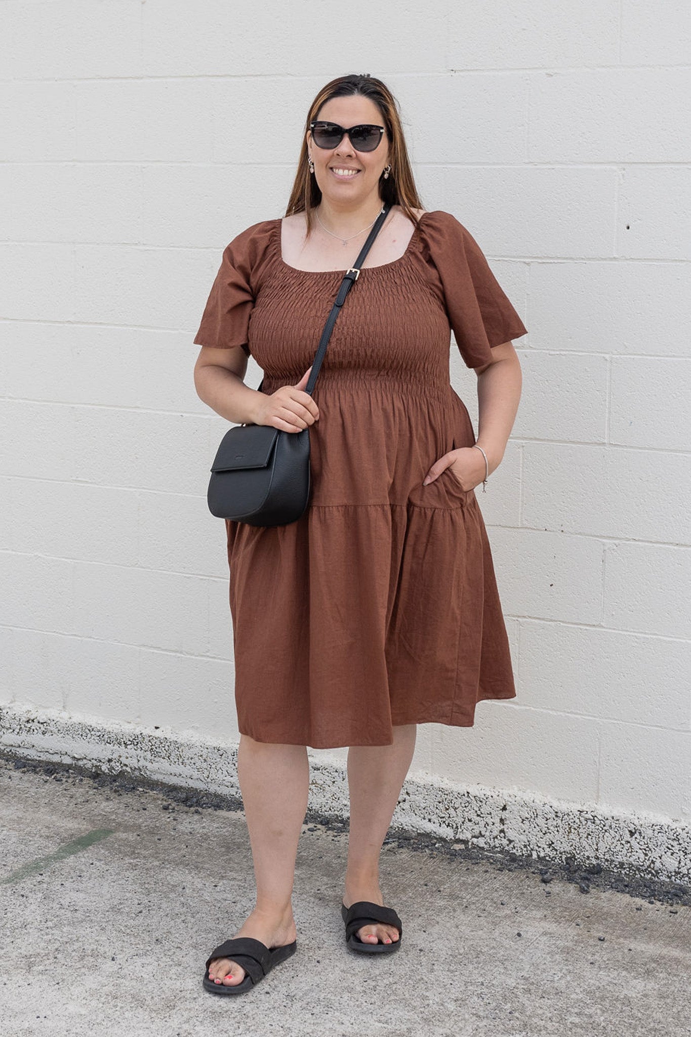 Plain Shirred Bust Louisa Dress - Chocolate