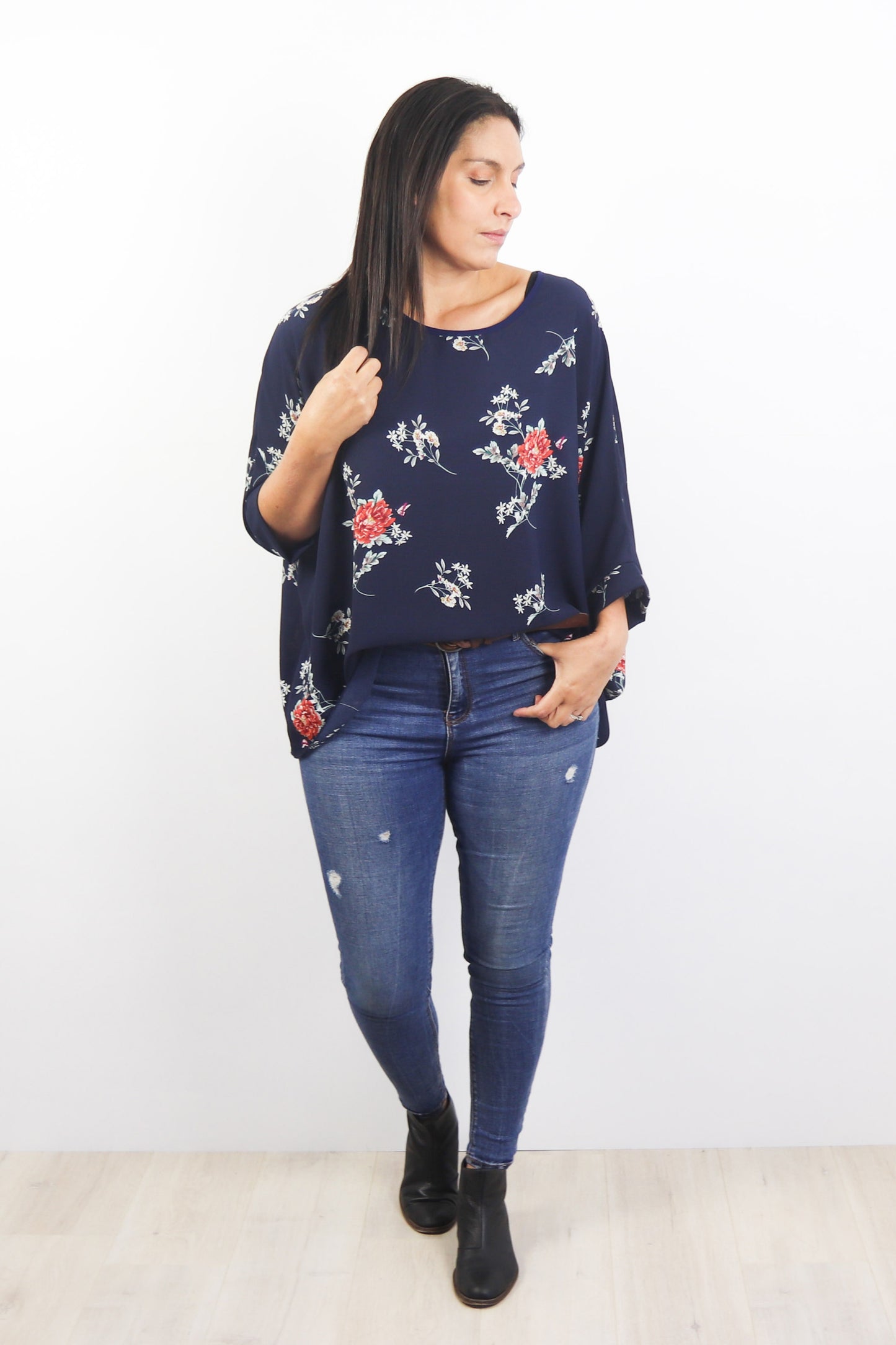 Navy & Terracotta Floral Draped Top - Floral Collection
