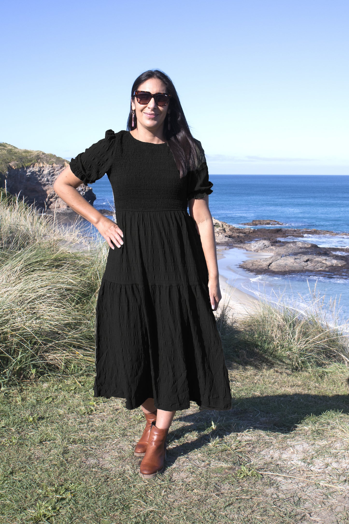 PRE-ORDER** Black - Textured Short Sleeve Shirred Josephine Dress