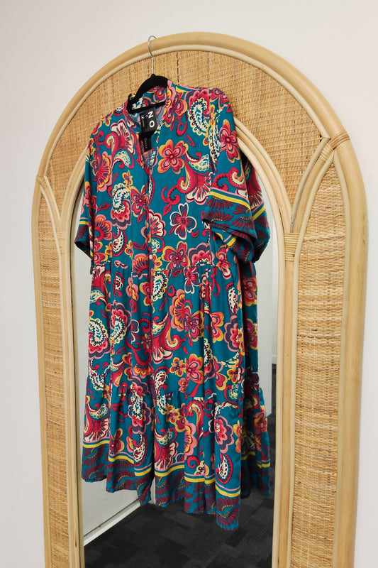 Tiered Paisley Cashew Dress - Teal