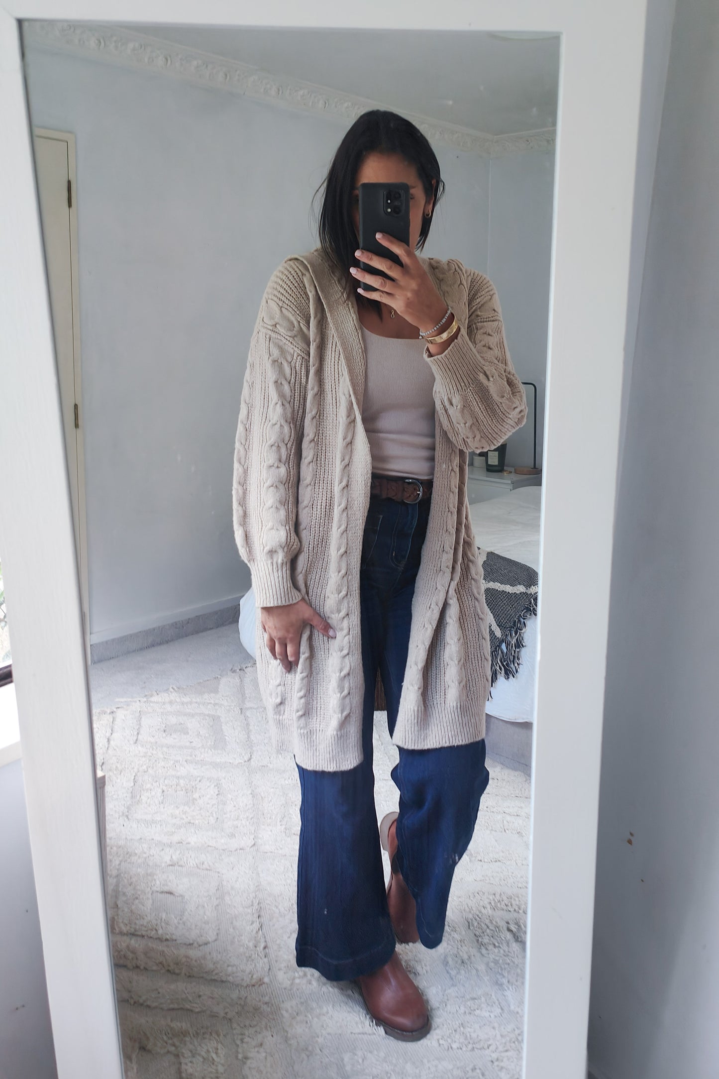 Hooded Cable Knit Cardigan - Beige