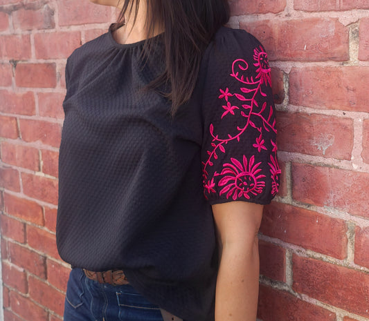 Black - Textured Embroidered Jaz Top