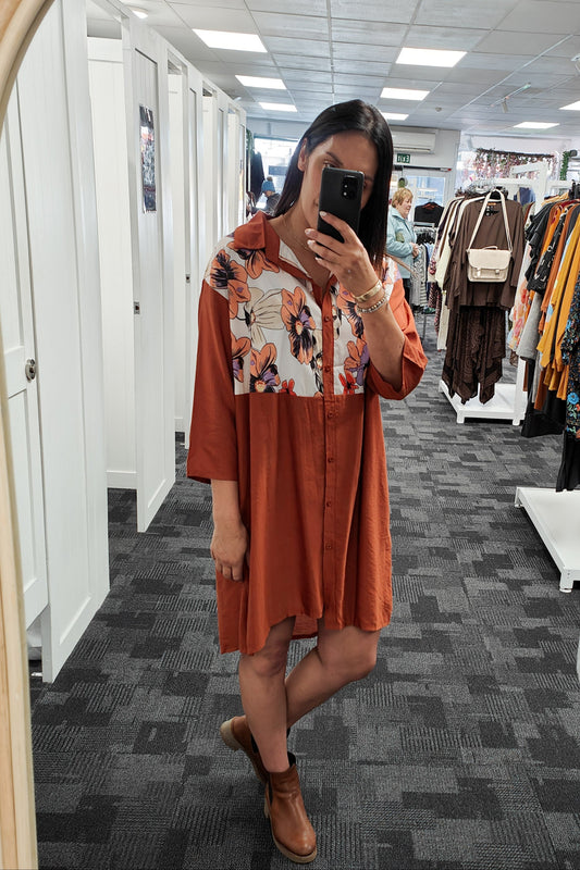 Rust - Flower Button Up Overshirt/Tunic