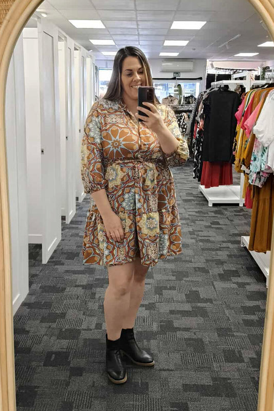 Retro Print LS Shift Dress - Caramel
