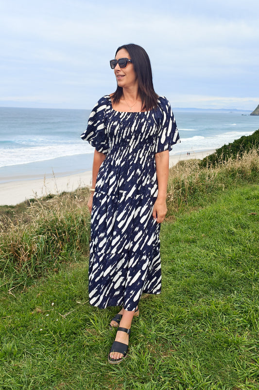 Shirred Bust Soph Maxi - Navy & White Abstract