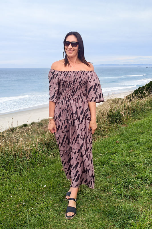 Shirred Bust Soph Maxi - Dusky Abstract