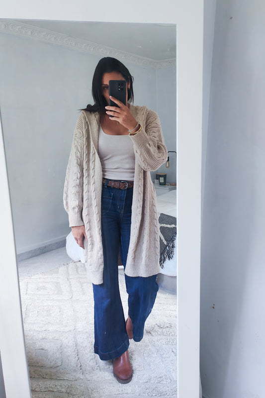 Hooded Cable Knit Cardigan - Beige