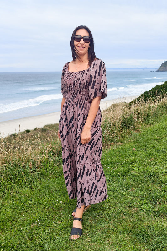 Shirred Bust Soph Maxi - Dusky Abstract