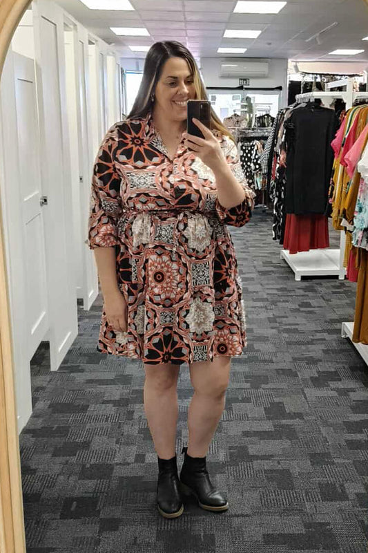 Retro Print LS Shift Dress - Black & Coral