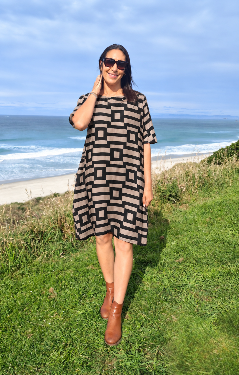 Black/Taupe Mosaic - Smock Dress