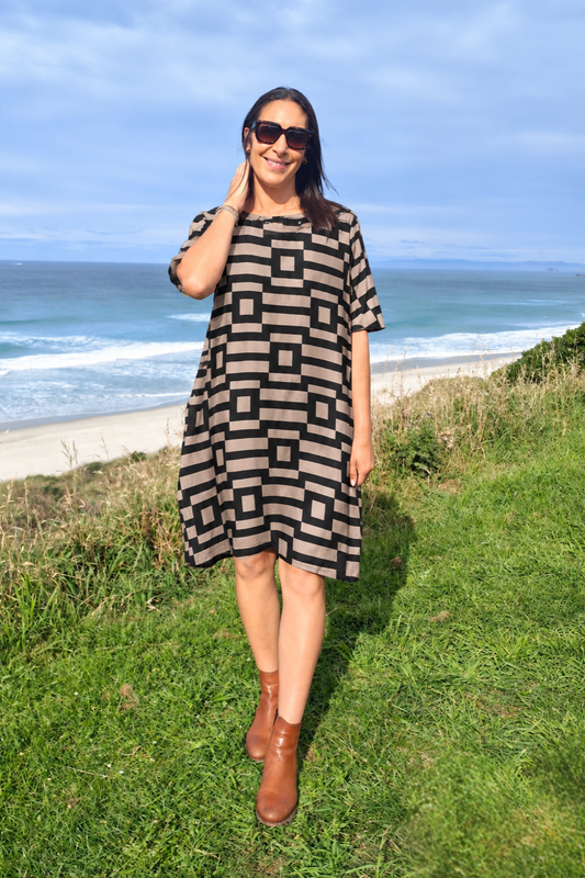 Black/Taupe Mosaic - Smock Dress