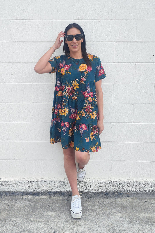 Tiered Babydoll Dress - Emerald Bouquet