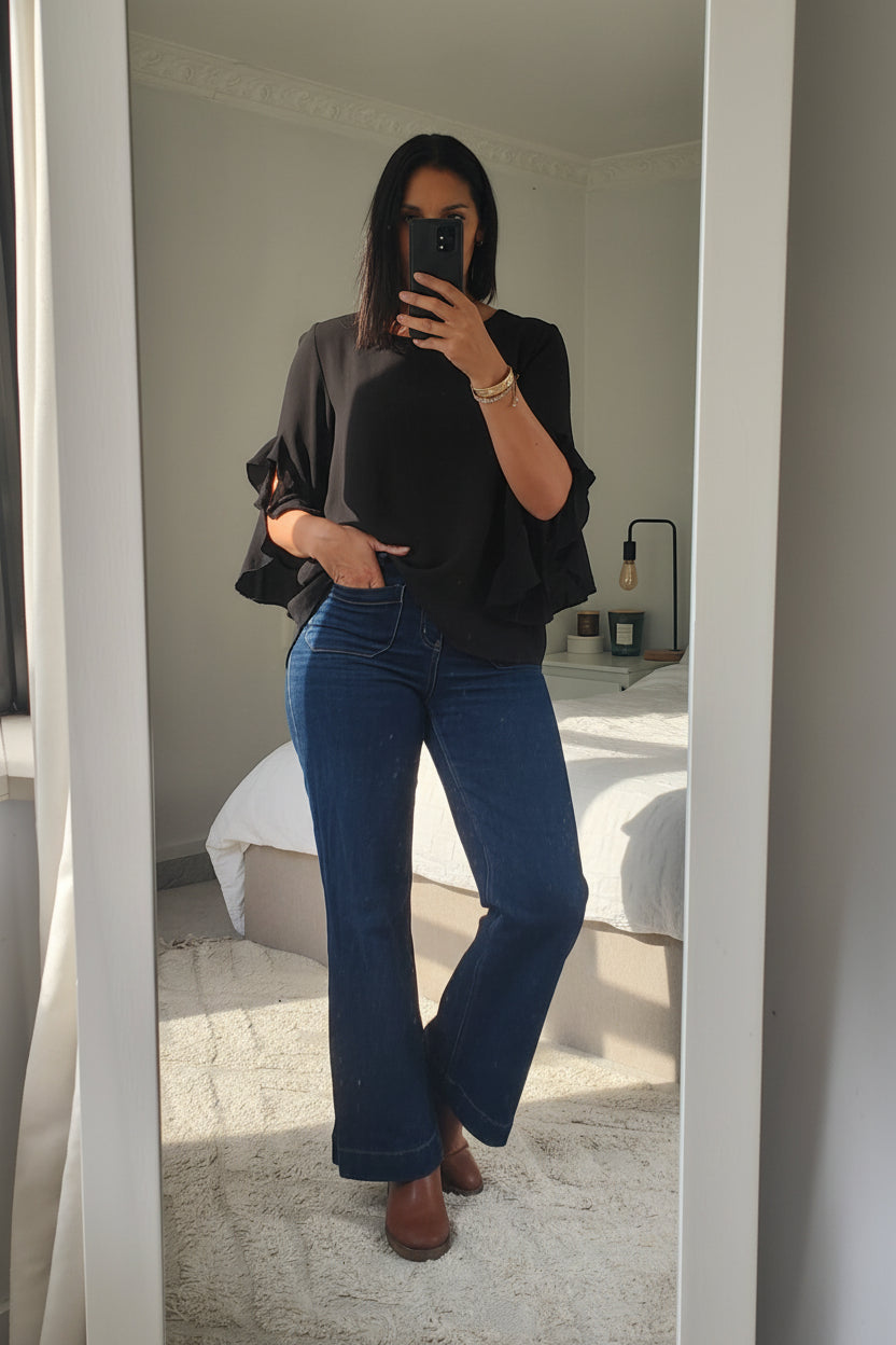 3/4 Ruffle Sleeve Chelsea Top - Black Sateen