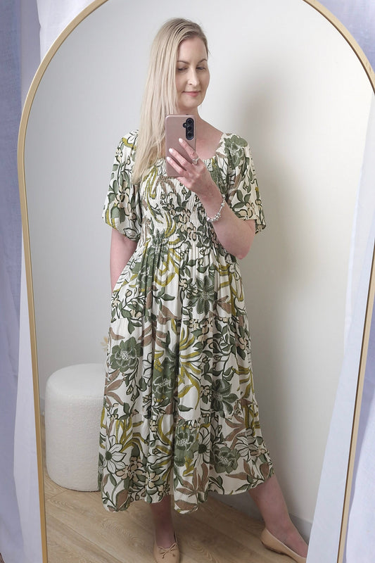 Shirred Bust Soph Maxi - Green Flora