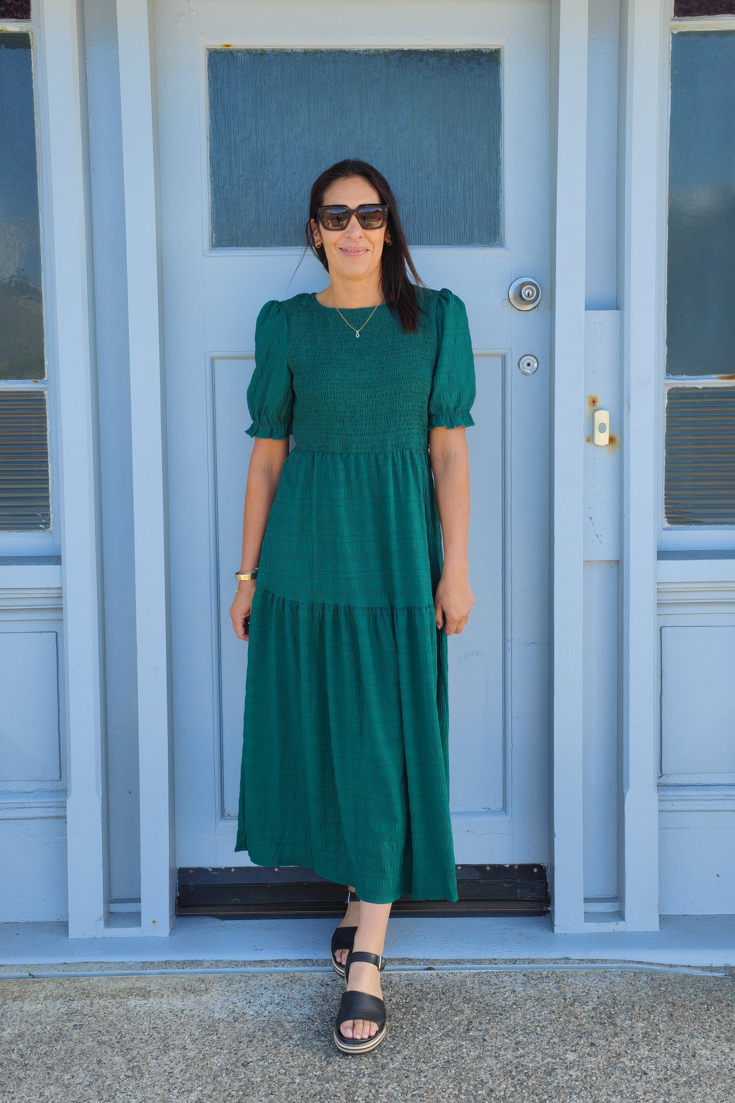 Emerald - Textured Short Sleeve Shirred Josephine Dress
