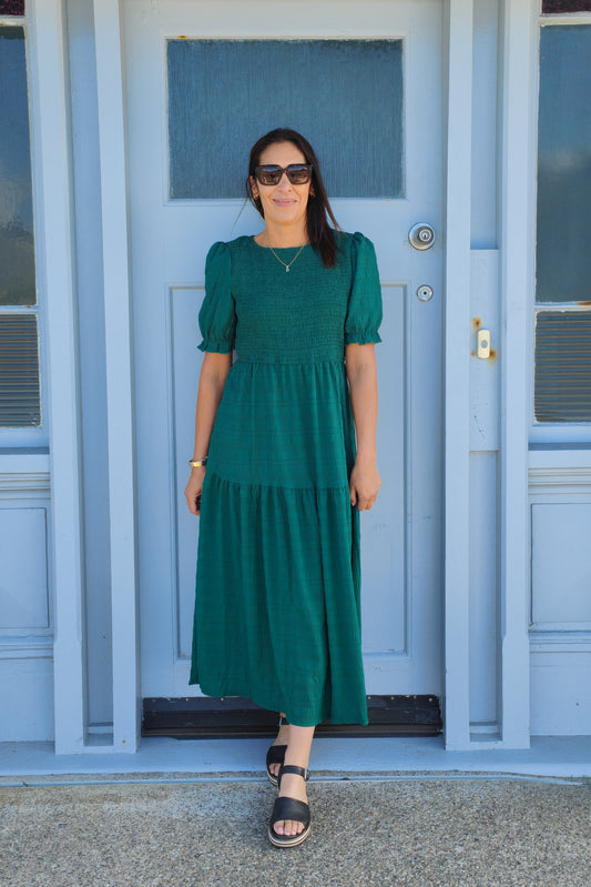 Emerald - Textured Short Sleeve Shirred Josephine Dress
