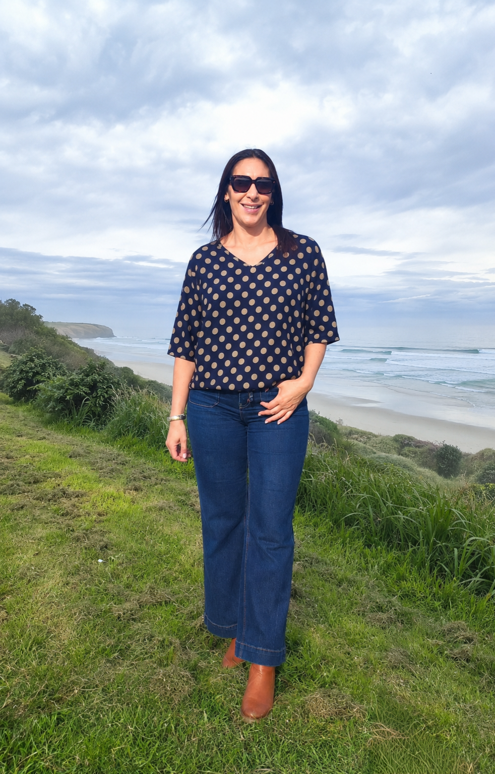 Short Sleeve Verity Tie Top - Navy Polka Dot