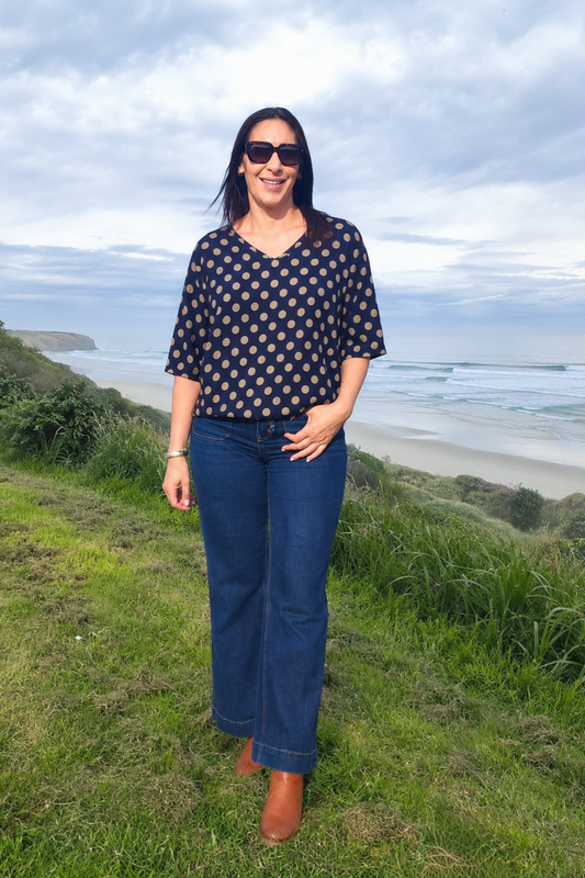 Short Sleeve Verity Tie Top - Navy Polka Dot