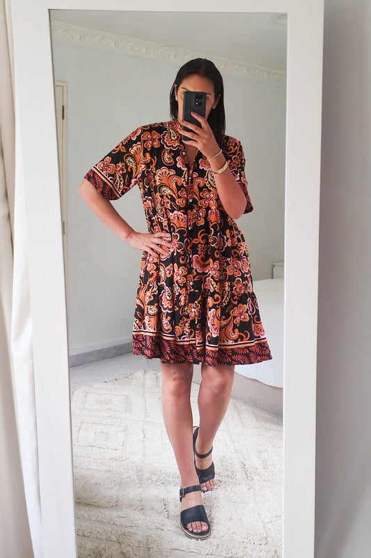 Tiered Paisley Cashew Dress - Black